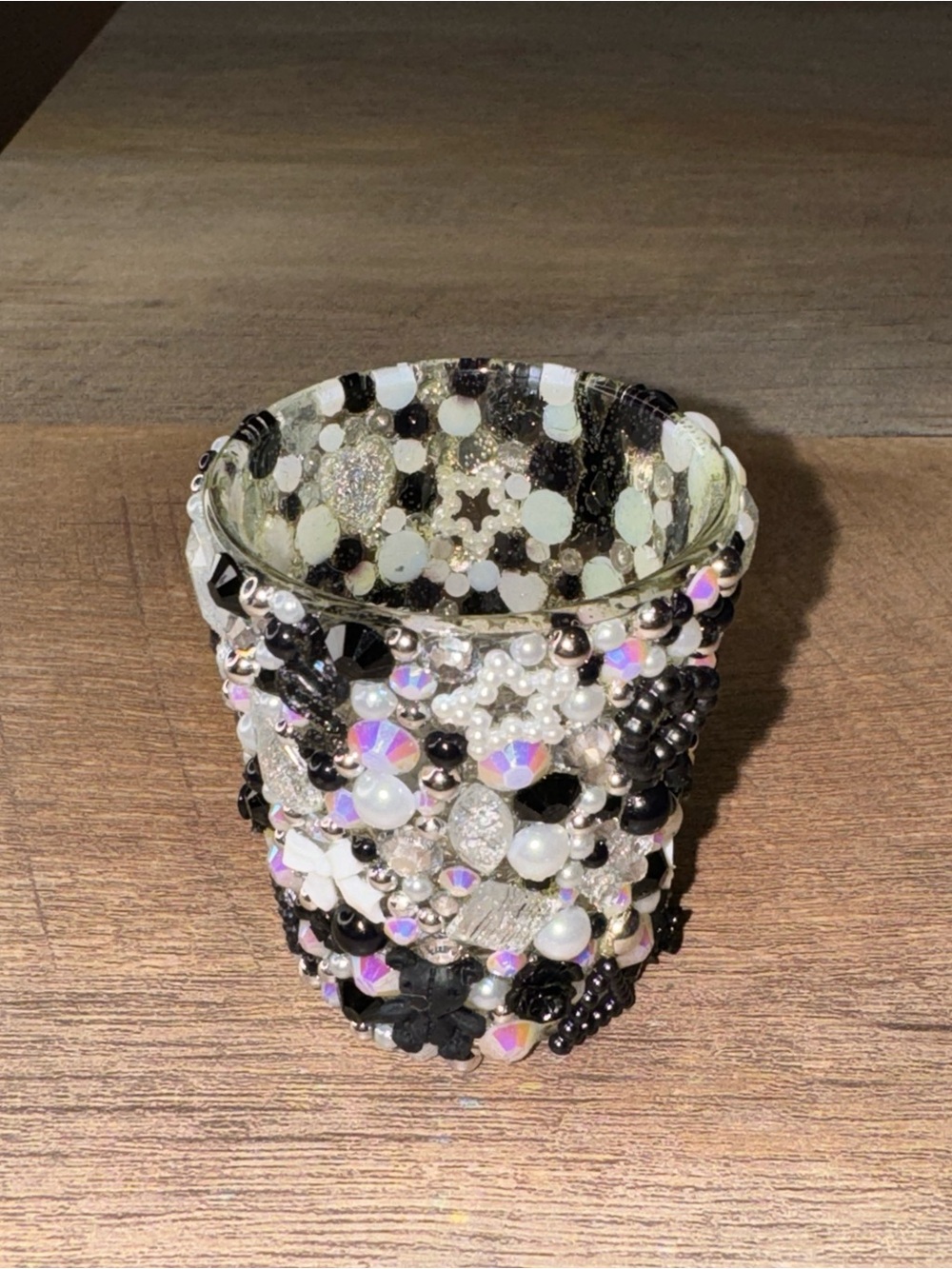 Handcrafted Black, White, Silver Bedazzled Shot Glass
